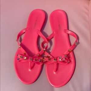 Fashion Nova Women's Neon Pink Studded Bow Thong Sandals